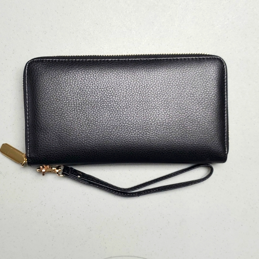 Chelmon women's long clutch zip around leather wallet in black with gold accents